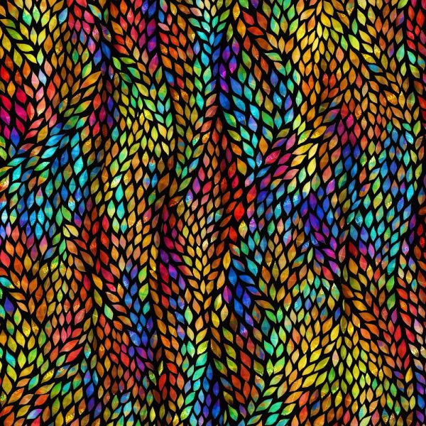 Rainbow Grunge Wall features overlapping leaf-shaped segments in vibrant red, orange, yellow, green, blue, and purple with bold black outlines for a striking stained glass look.